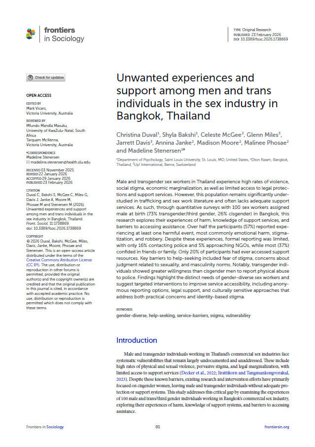 ‘Unwanted experiences and support among men and trans individuals in the sex industry in Bangkok, Thailand
